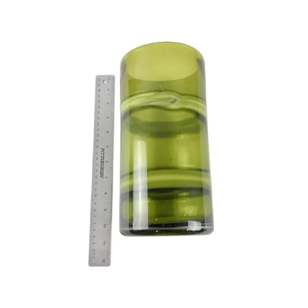 Vintage Olive Green Hand Blown Art Glass Cylinder Vase, 9.5" Tall - Picture 4 of 11